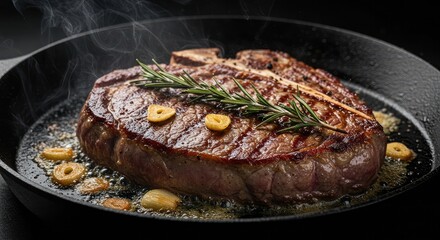 Sizzling T-bone steak expertly seared in cast iron with fragrant garlic and fresh rosemary, releasing mouthwatering steam for an irresistible culinary experience.