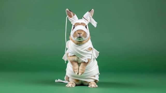 Bunny mummified in white bandages on a green backdrop