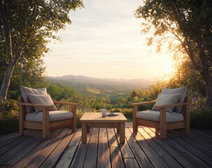 Obraz premium Wooden patio furniture overlooking a valley at sunrise