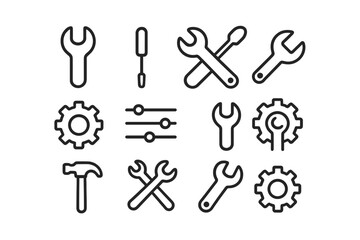 Obraz premium Minimalist line icons of tools and settings for digital interface design, vector illustration set with wrench, screwdriver, hammer, gear, and control sliders for tech and repair concepts
