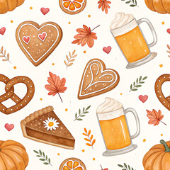 Cozy autumn harvest seamless pattern with pumpkin pie and gingerbread cookies