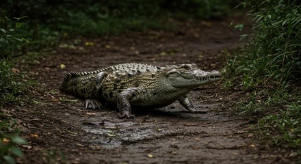 A close-up shot of a powerful crocodile walking on a dirt path in a natural environment, showcasing its textured skin and imposing presence