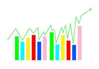 Colorful bar chart with upward trending green line graph isolated on transparent background