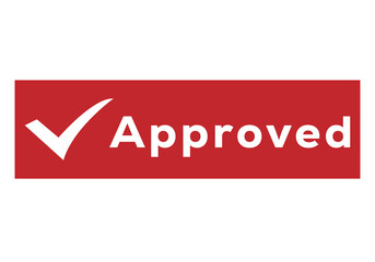 Red banner with white approved text and checkmark isolated on transparent background