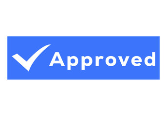 Blue rectangle with approved text and checkmark isolated on transparent background