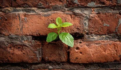 A tiny plant sprouts through a crack in a weathered brick wall