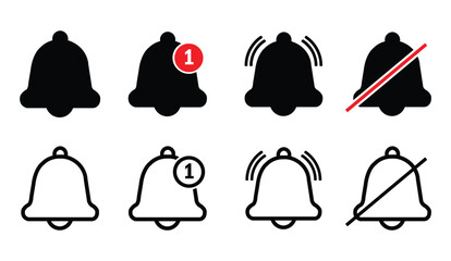 Set of bell notification icons in black and white Keywords: bell, notification, alert, icon