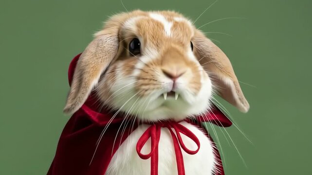 Cute bunny with vampire fangs in a red cape