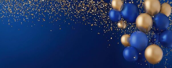 Festive blue and gold balloons with confetti