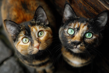 Two curious calico cats with emerald green eyes look upward, perched among dark rocks and shadowed surroundings, creating a quiet, intimate moment, for a warm, natural stock vibe.