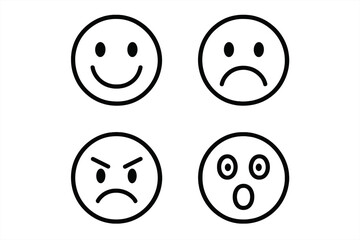 Fototapeta premium Outline emoji set with happy, sad, angry, surprised faces, vector cartoon illustration with transparent background, emoticons, facial expressions, emotional icons collection