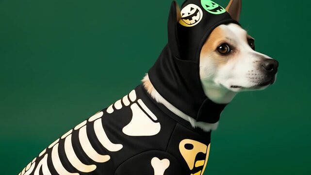 Dog in skeleton costume on green background