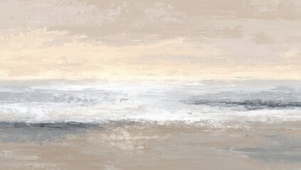 Abstract landscape painting of a serene coastline at sunrise or sunset