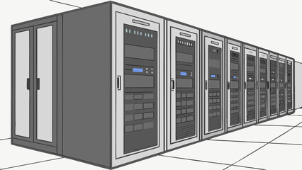 Server room data center network technology illustration computer hardware rack servers IT infrastructure digital modern technology data storage networking equipment server racks tech.