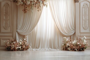 Elegant cream-colored room with drapes and floral arrangements