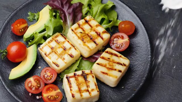 Grilled tofu chunks on a salad with fresh ingredients. A healthy, vegetarian dish.
