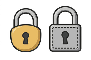 Two padlocks vector icon set. Gold and silver lock illustration for security, safety, and privacy concepts. Secure protection symbol. Minimalist cartoon style on transparent background.