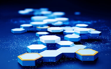 Hexagonal shapes with blue and white colors in a technological arrangement