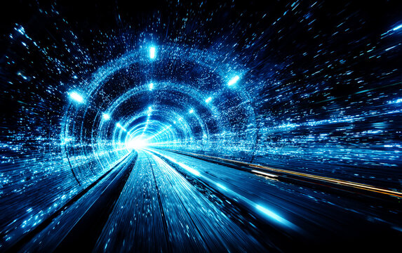 High-speed digital tunnel with glowing lights and abstract patterns