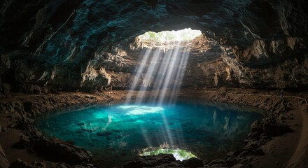 Cave with Sunlight Shining on the Turquoise Water.