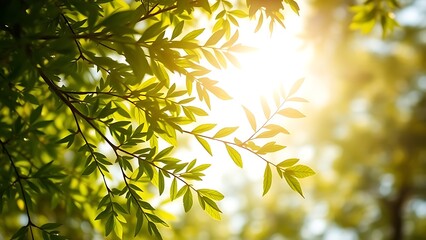 Obraz premium Lush green tree branches against a softly blurred sky, bathed in warm natural sunlight.