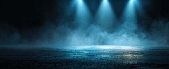 Empty stage lit by blue spotlights
