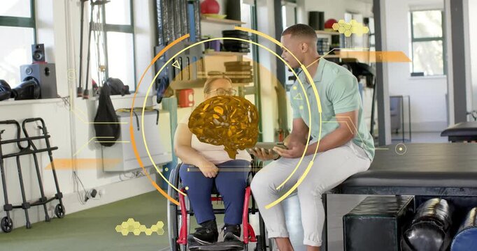 Physical therapist swiping tablet showing rotating brain model explaining rehab metrics to patient