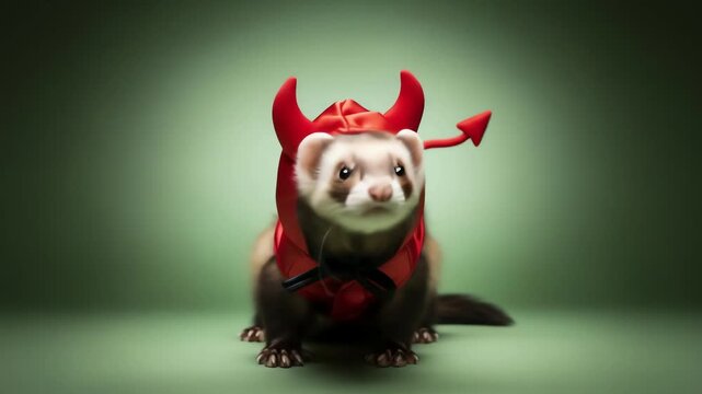 Ferret wearing a red devil costume with horns and a tail