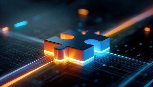 3D puzzle piece on digital grid