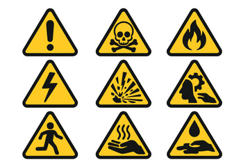 Warning signs vector set. Triangle hazard symbols collection. Danger alert icons for flammable, toxic, high voltage, explosion, corrosive, hot surface, and caution. Safety.