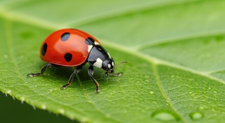 Fototapeta premium Close-up of a vibrant ladybug perched on a lush green leaf, showcasing nature's intricate details