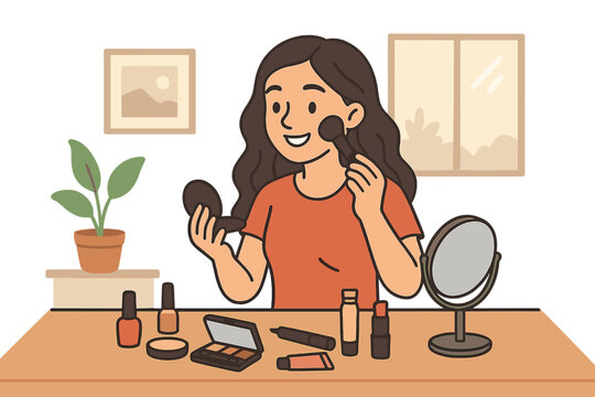 Woman applying makeup. Daily beauty routine concept. Girl with cosmetic products, mirror, brush, lipstick at home. Morning self-care vector cartoon flat illustration.