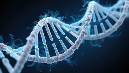 Detailed 3D Rendering of a DNA Double Helix Structure with Intricate Molecular Details and a Soft Blue Glow Against a Dark Background Showcasing Genetic Code