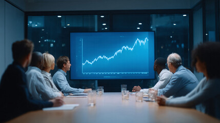 Business team analyzes financial growth chart in a modern boardroom at night. Shows strategy, teamwork, success. Perfect for corporate, finance and tech.