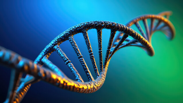 Detailed 3D Rendering of a DNA Double Helix Structure with Metallic Texture on a Gradient Blue and Green Background, Illustrating Genetic Research and Biotechnology