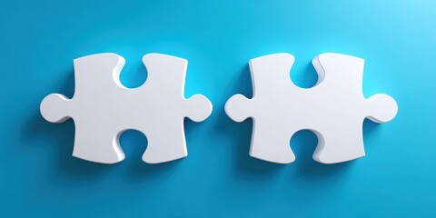 Fototapeta premium Two white puzzle pieces on a bright blue background