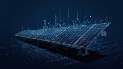Futuristic solar panels with city data overlay