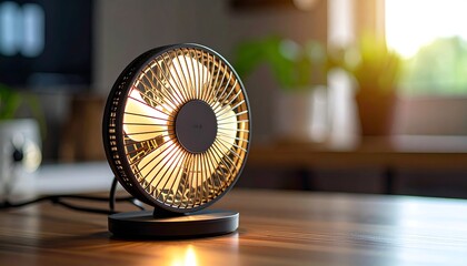 Small fan on a wooden table in a room