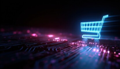 Neon shopping cart on circuit board