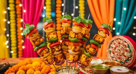 Fototapeta premium Colorful Skewers with Grilled Vegetables and Tofu at Festive Celebration