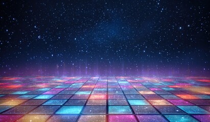 Futuristic dance floor under a starry night sky