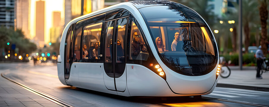 Modern tram glides through city streets at sunset, passengers enjoying the urban landscape. Clean design, ecofriendly transportation concept, ideal for travel, technology, and city life imagery.