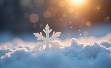 A glistening snowflake rests delicately on a blanket of fresh white snow, bathed in the soft, warm glow of a winter sunset.
