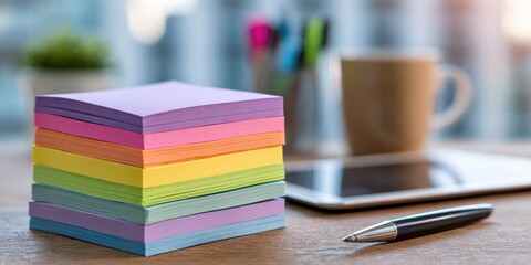 Fototapeta premium Colorful sticky notes stacked on a desk (1)