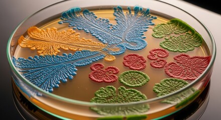 Colorful Petri Dish with Intricate Patterns of Blue, Orange, and Green Shapes Floating in Liquid