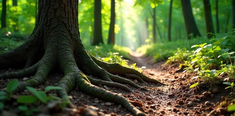 Obraz premium Close-up view of exposed tree roots snaking across a forest hiking trail, dappled sunlight filtering through the canopy , wilderness, rugged, landscape
