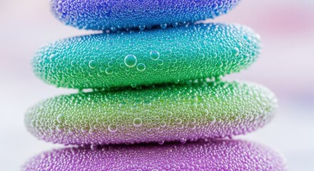 Colorful stacked stones covered in water droplets, creating a serene atmosphere with blurred background