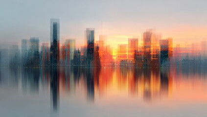 Obraz premium Blurry cityscape skyline at sunrise