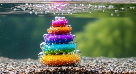 Colorful stacked stones submerged in water with bubbles, creating a vibrant underwater scene
