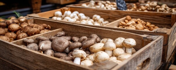 Wooden crates filled with various mushrooms (1)